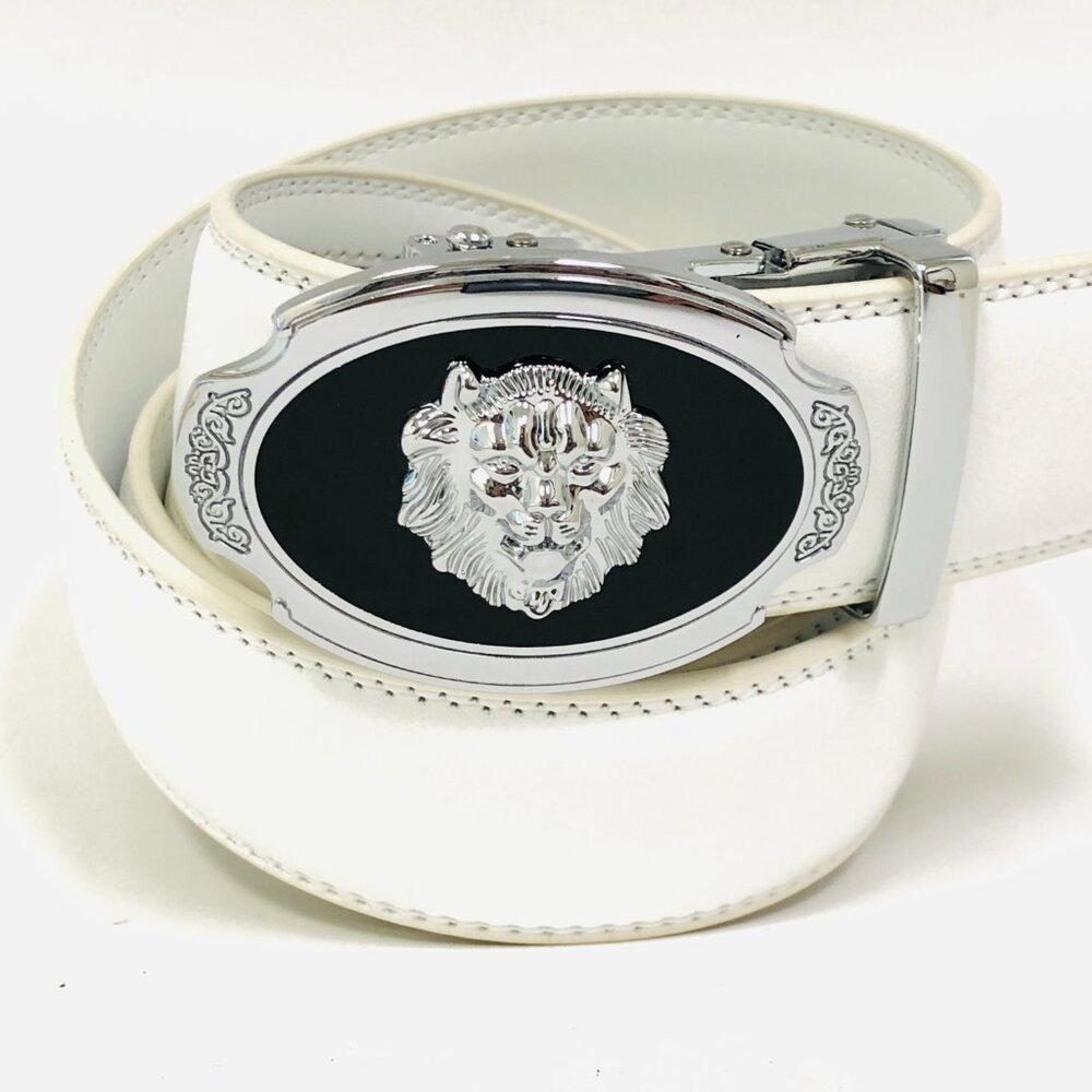 Fashion Leather‎ Silver Buckle White Belt Automatic Jeans Dress Belt Lion Head
